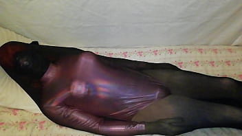 latex mask sissy femboy crossdresser in pink bodysuit play with fetish fullbody nylon stockings suit