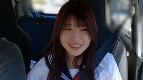 Pretty Japanese girl in school uniform welcomes a handjob outside