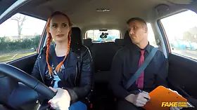 Fake driving school Ginger Big breasts and furry ginger pussy in hot examination bang