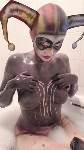 Cosplay Harlequin Body Paint Removal and Tit Grab