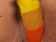 I shove a dry dildo in my boi pussy