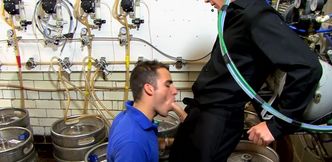 Sexy mechanics share young man's cock in rough threesome at the garage
