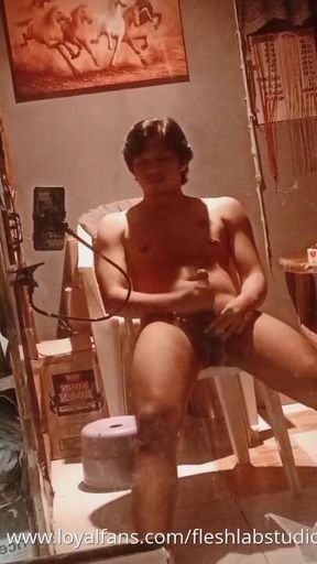 Tattooed Filipino Twink Jerks His Hairy Cock in Bedroom Mirror Until He Unloads