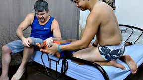 This cute ticklish Asian boy returns for a old tie and tickle session with Daddy Mike and Vahn Valdez. Fully equipped with feathers, hairbrush, and lubricant, Daddy and Vahn put this little twink through tickling hell.