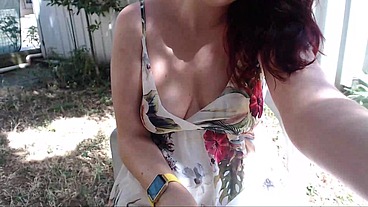 Your futanari girlfriend shows you her big cock in a public garden