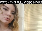 Solo brunette Alice Paradise shows us her pink pussy with her legs spread on a chair in VR.