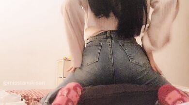 Petite cute girl dry humping pillow with pants and panties feet masturb lesbian