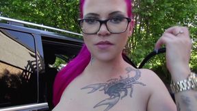 Chubby pink hair chick fucks in car and outdoor