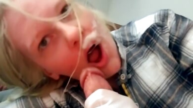 Blonde MILF gives a white-gloved handjob and blowjob ending in a messy facial