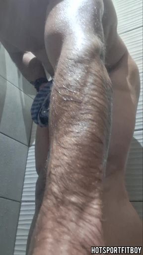 Public Shower Jerk Off - Fit Boy Strokes Big Hard Cock &amp; Cums Hard! Risky Exhibitionist