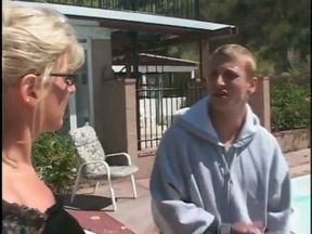 Pool boy gets a nice cock sucking by the slutty blonde outdoors