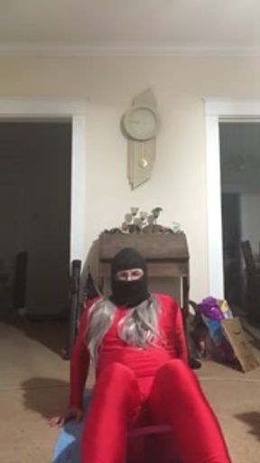 Yoga resistance band wearing red spandex and wig (Sexual Edition)