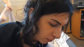 Bottom Sissy Slave Slut Serves Her Owner as Beeer Stand, Sucks and Kisses Dick and Liks Ass While Owner Watch Football