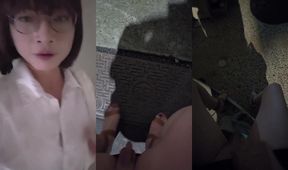 Asian shemale office ladyboy floods outdoors with golden shower