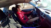 Big cock pissing and cumming while driving on the road