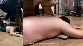 Sisters trampling and jumping all over him without care or mercy