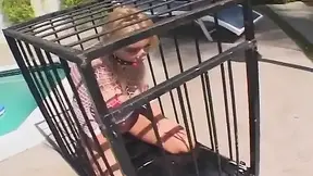 Blonde slut gets rough anal and sucks cock in a cage