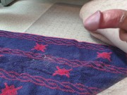 Spraying a huge load of cum from hard curved cock