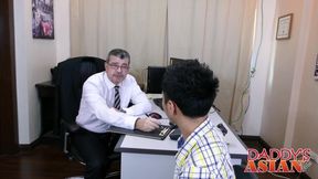 Daddy sucking and fucking two Asian twinks in the office