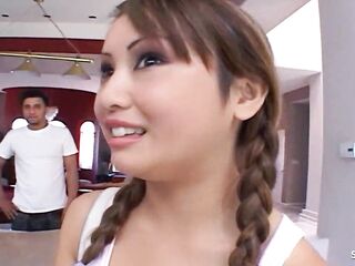 Half Oriental Pigtails Teen Tia Tanaka suprised with 1st Male+Male+Female trio Hawt by 2 Large Schlong old boys