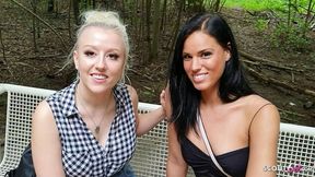 Two filthy German teen tramps suck&#x1F61C; off dude in a sleazy public park freak fest