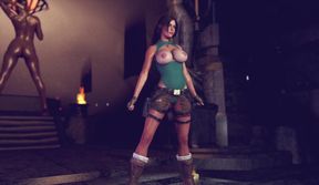 Tanned wanton Lara Croft in torn shorts slow dances in abandoned ruins