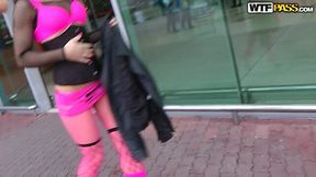 Shameless goth bitch exposes her ass in pink pantyhose on public