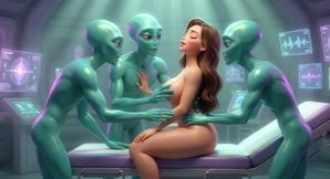 Beautiful New York Woman Passionately Helps Three Excited Aliens Achieve Relief - Ai Generated