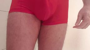 Red tight underwear pissing in the shower
