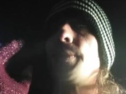 Cute Transgirl Outside at Night Smoking Cigarette and Spitting