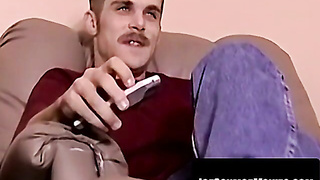 Beefy boy fumbles stiffy moist on bed with primal need