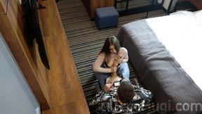 The guy in the hotel invites hot brunette to have sex with him