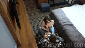 The guy in the hotel invites hot brunette to have sex with him
