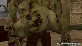 3D ebony babe double teamed outdoors by some zombies