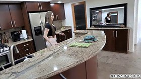 Buxom MILF Brianna Rose gives stepson a hot handjob in the kitchen
