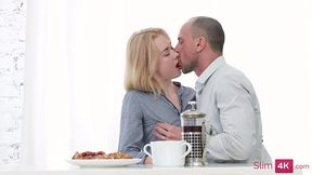 Blonde teen takes a hard cock in doggystyle and loves every second of it.