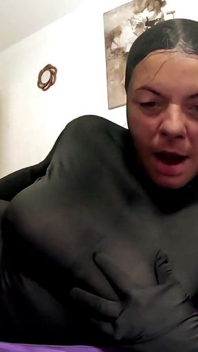 Pantyhose Encasement. Faceless Nylon Suit Tease, Finger Sucking and Intense Orgasm