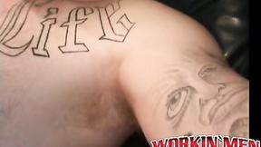 ”Tattooed homosexual man plays with his bushy cock & cums”