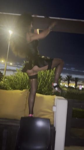 Dancing striptease and flashing body outside in a terrace!