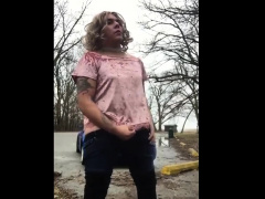 Crossdresser outside jerk off