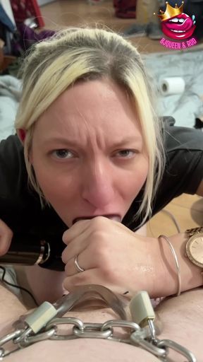 POV Blonde MILF Gives Teasing Blowjob Inside a Transparent Cock Sleeve