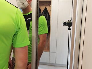Masked Fitness Chap Showing Off His Muscles in Constricted Shirt