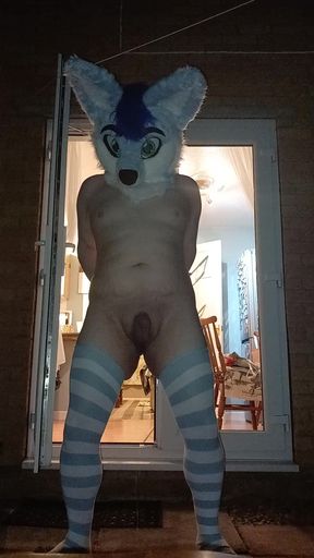 Dirty femboy furry pissing in the garden at night