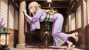 Blonde in Lavender! Kneeling Barefoot Under the Red Torii Gate, Her Andouf Fluttering in the Breeze