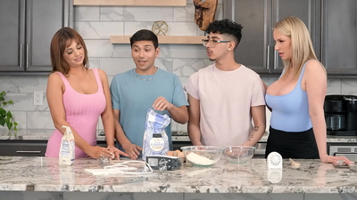 Huge boobs stepmom MILFs baking two pies for their lovely stepsons