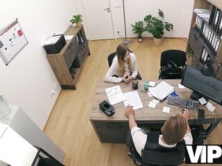 VIP4K. Blond Maya with large melons is banging a bank worker on the office. Sexy interview with Maya