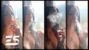 Smoking a Marlboro red in the sunlight while wearing a leather bikini top