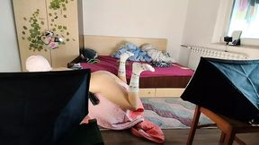 Amateur wife does yoga naked, hairy pussy, big nipples