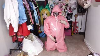 Pinkish vinyl Suit, Ball-Gagged and Breathplay Fetish Mask