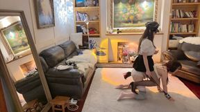 Ponyplay and pony ride with two underwear stockings ponygirls lesbian and crawling in home #CH073S
